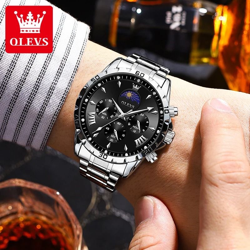 Mens Moon Phase Skeleton Watch with Luminous Hands