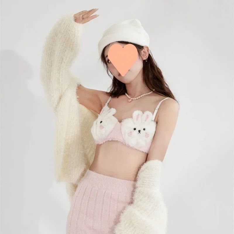 Cute Japanese Style Plush Winter Bra with Rabbit and Bear
