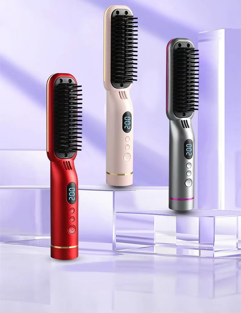 Wireless Negative Ion Hair Straightener Comb 2-in-1 Rechargeable Hair Styling Brush with LED Display
