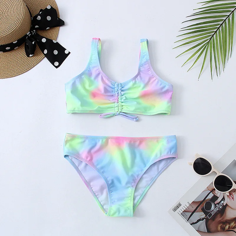 Tie Dye Girls Swimsuit Kids, Two Piece Children's Swimwear, Ruched Front Bikini Set Teen Bathing Suit Beachwear