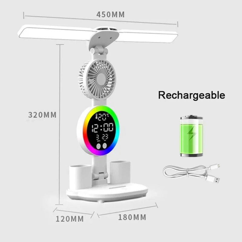 Rechargeable LED Table Lamp with Fan Clock Display Reading Desk Light Night Light