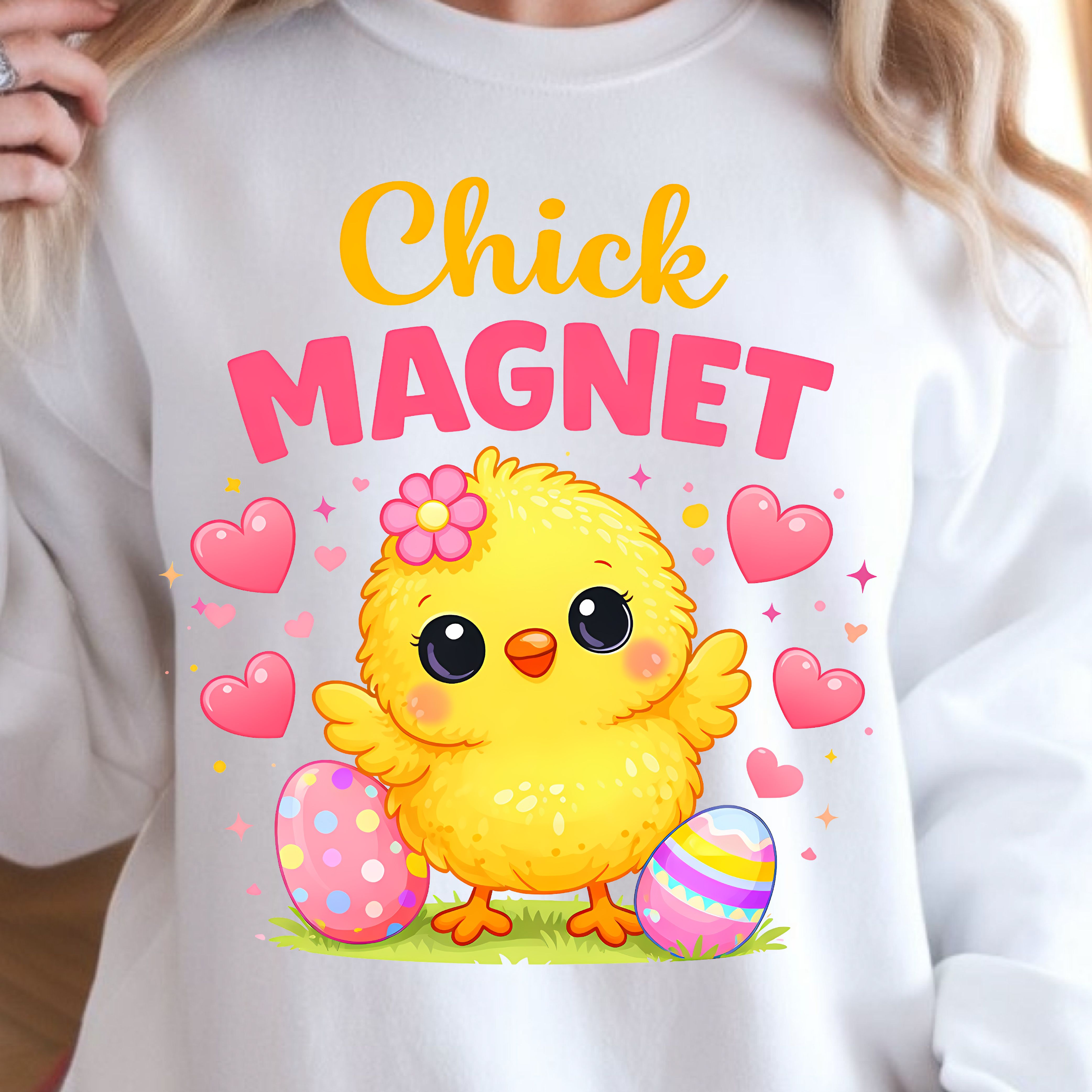 Chick Magnet Easter Shirt – Cute Chick with Easter Eggs and Hearts Spring Tee