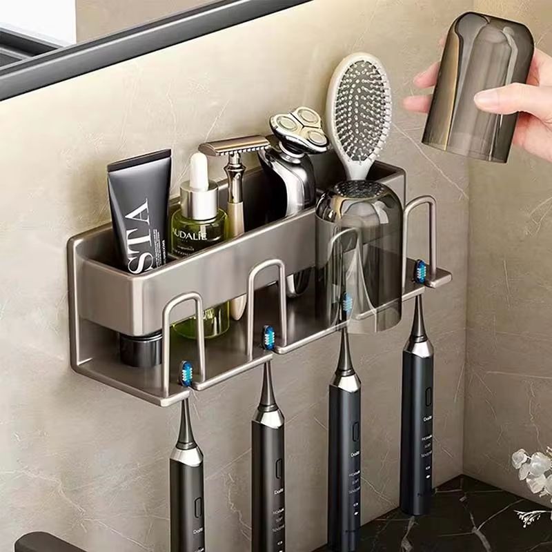 Aluminum Wall Mounted Punch Free Toothbrush and Toothpaste Holder Metal Bathroom Storage Rack