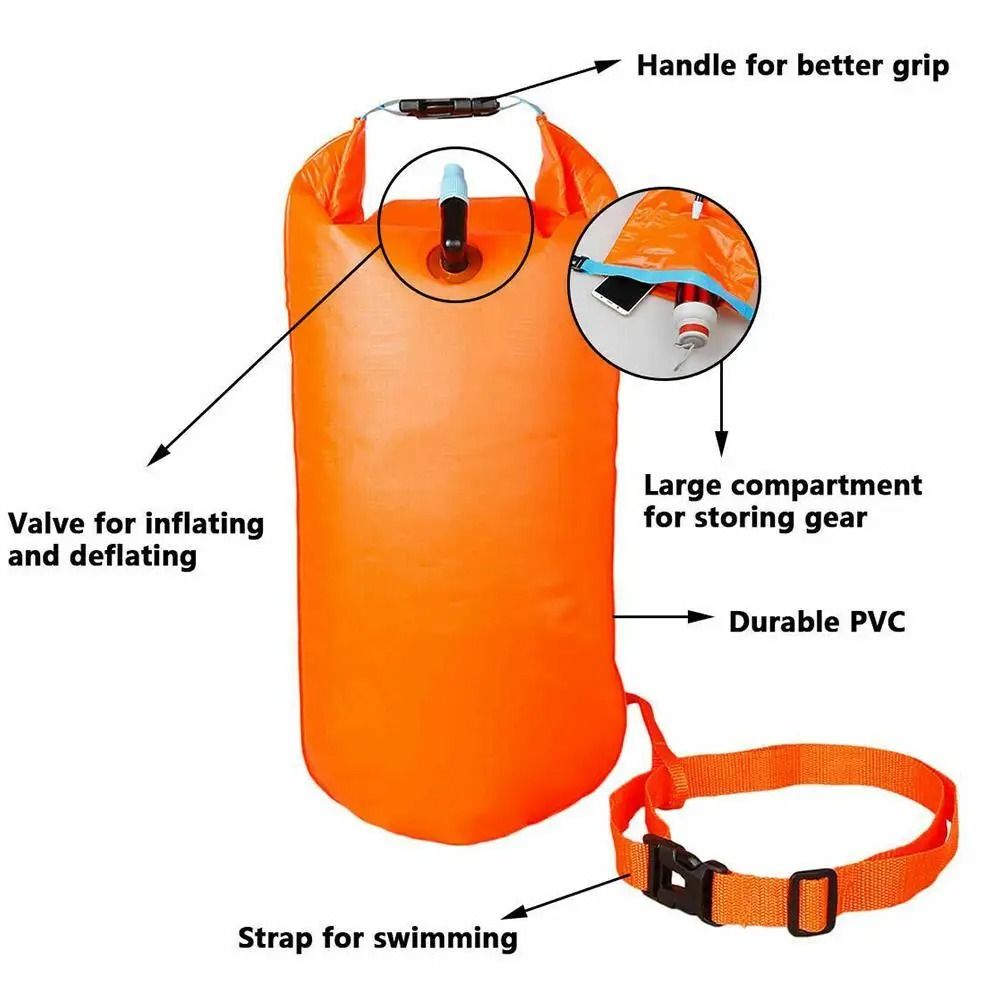 Inflatable Open Water Swimming Buoy Tow Float and Dry Bag with Double Air Bag System