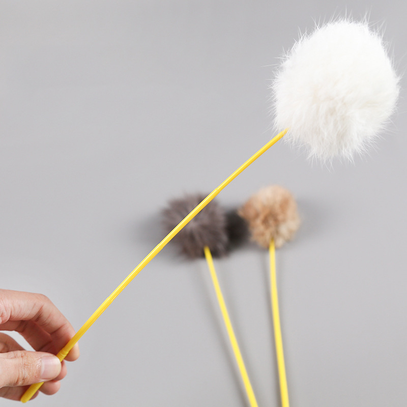 Interactive Pet Toy: Faux Rabbit Fur Pompom Stick for Cat Training & Play