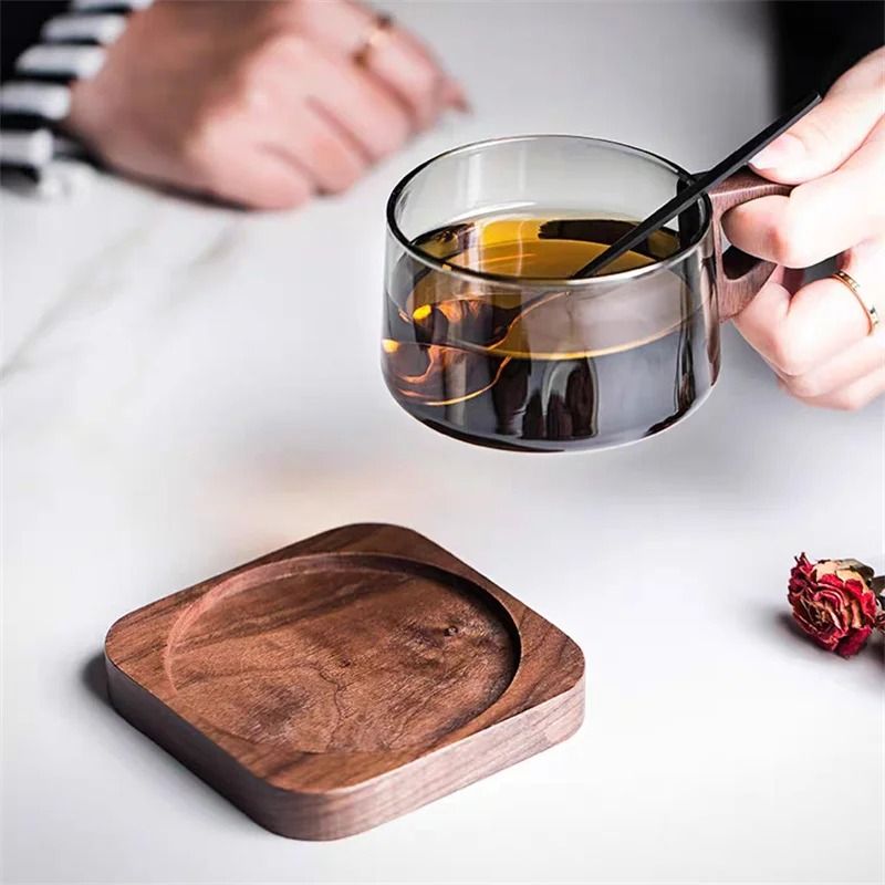 Glass American Latte Coffee Cup with Wooden Tray