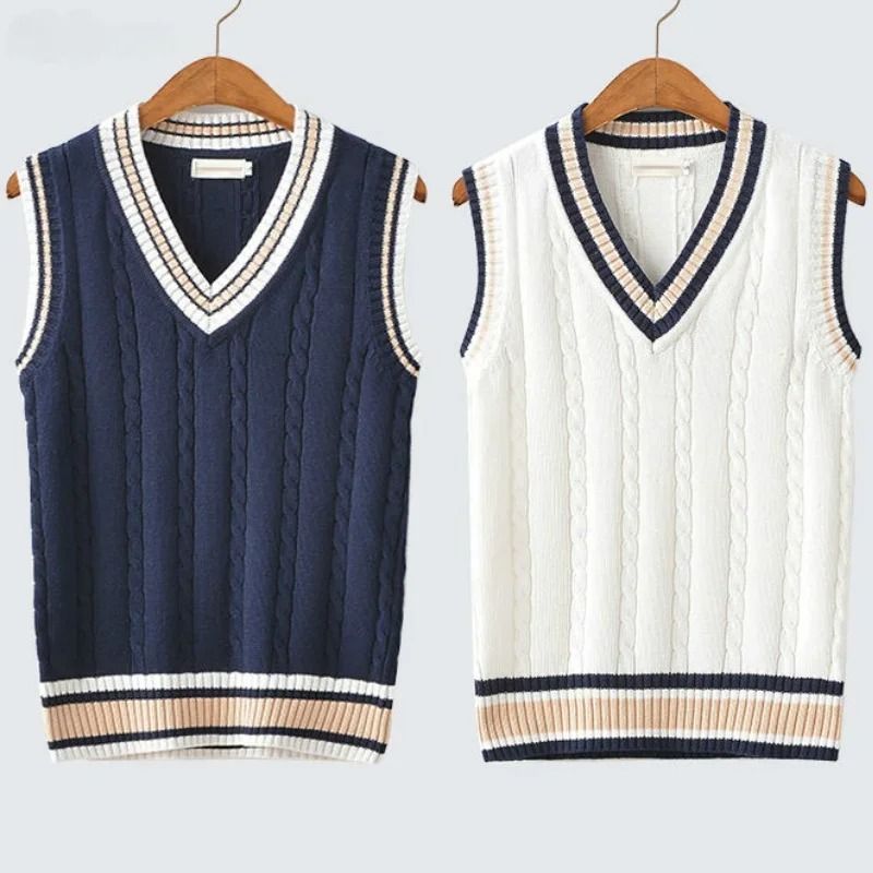 Mens Thick Knitted V Neck Sweater Vest Retro Striped Casual Pullover