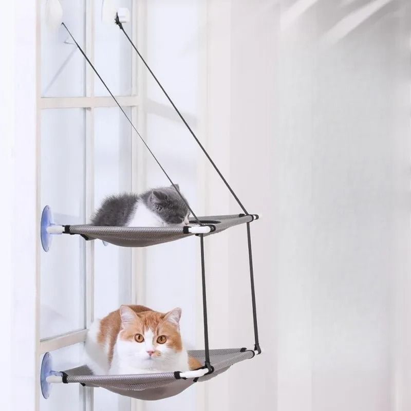 Double Decker Cat Window Hammock Bed with Sunbathing Tunnel