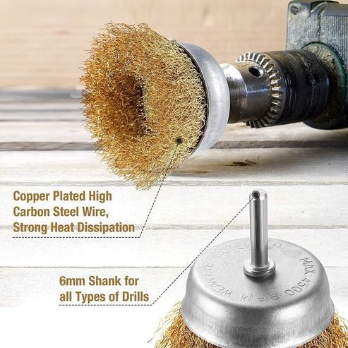 Rust Removal Wire Brush Set, Cup and Wheel Brushes Shank, Carbon Steel Paint Stripping Drill Bits