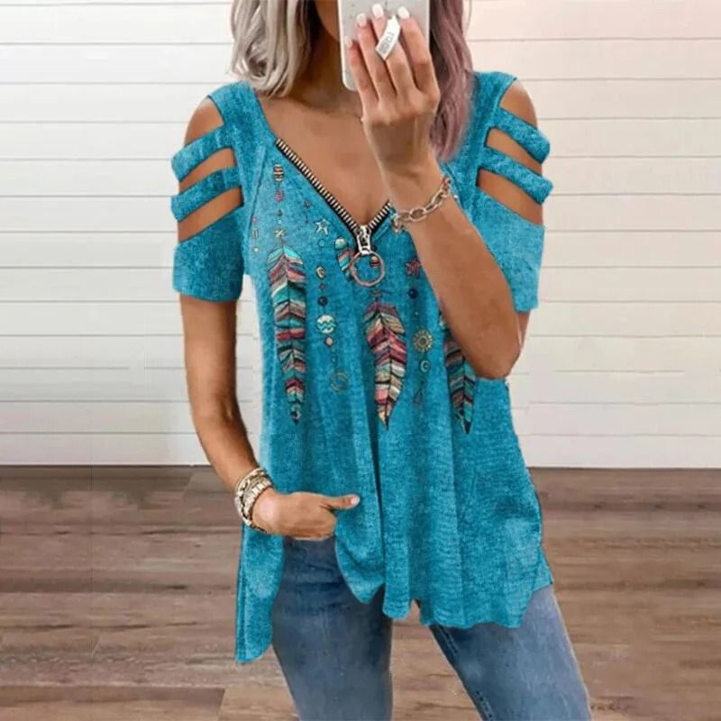 Summer Cold Shoulder Leopard Print Zipper V Neck Loose Casual Blouse