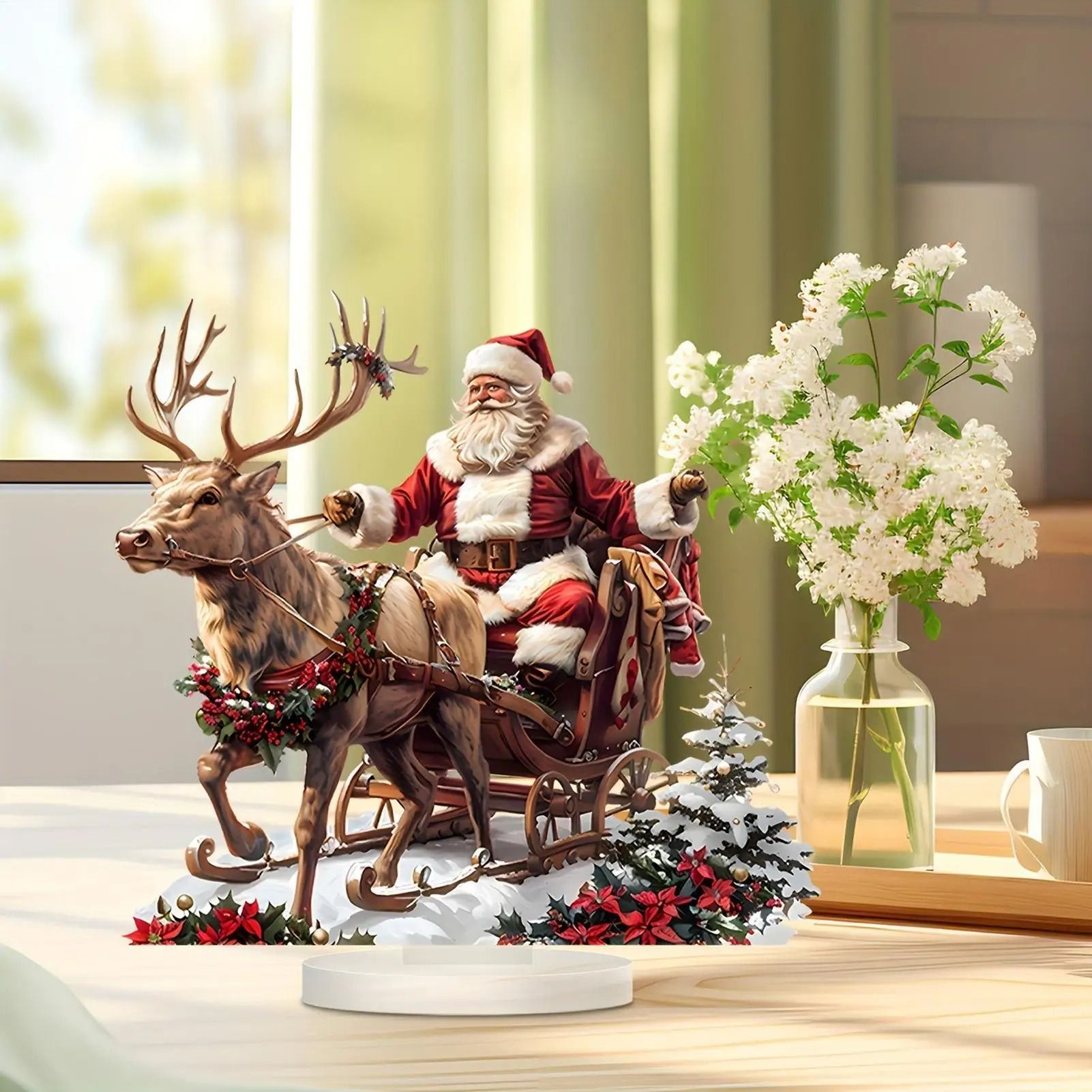 Santa Sleigh and Reindeer Christmas Figurine