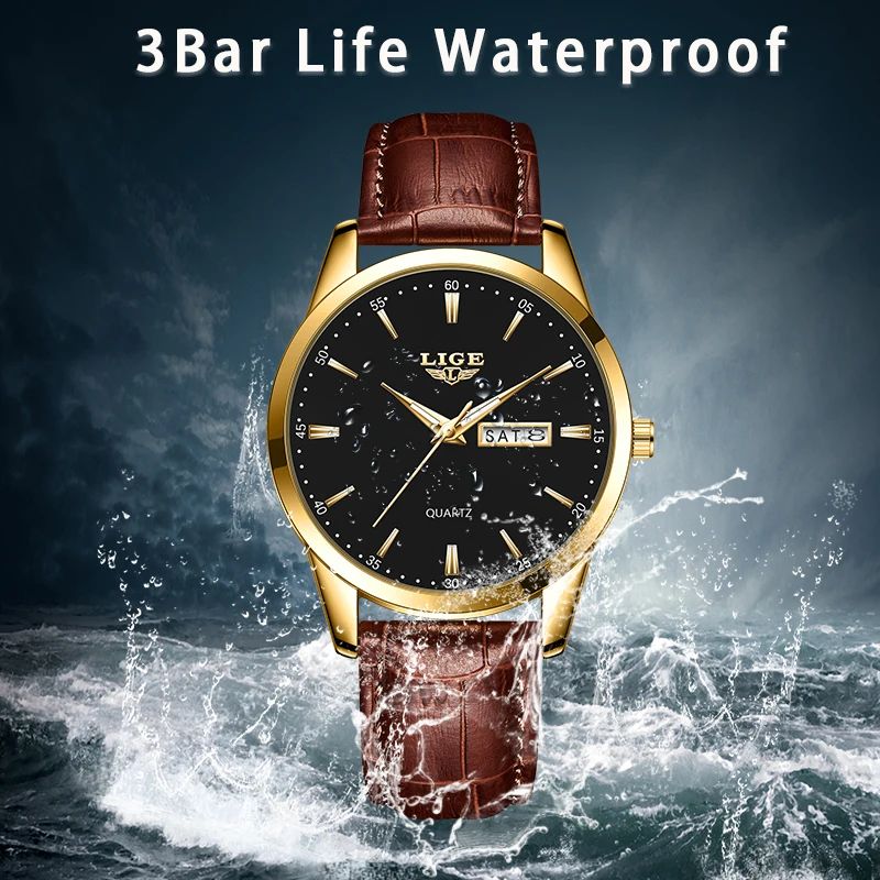 LIGE Executive Waterproof Men's Leather Quartz Watch with Luminous Date & Week Display