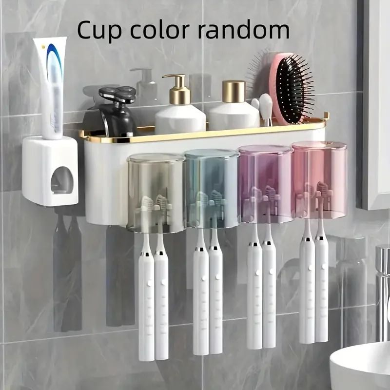 FreshWall Multifunctional Toothbrush Holder with Toothpaste Dispenser and Mug Organizer