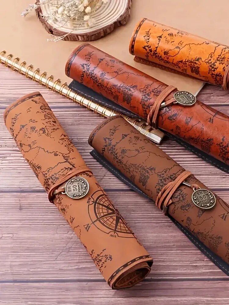 Creative Retro Leather Pencil Case Large Capacity Treasure Map Roll Pencil Bag with Embossed Buckle