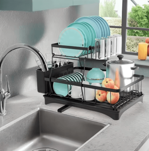 2 Tier Stainless Steel Dish Drying Rack Large Countertop Organizer with Drainer & Cutlery Holder