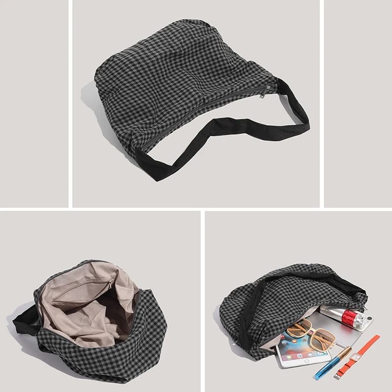 Commuting Large-Capacity Canvas and Checkered Nylon Tote Bag