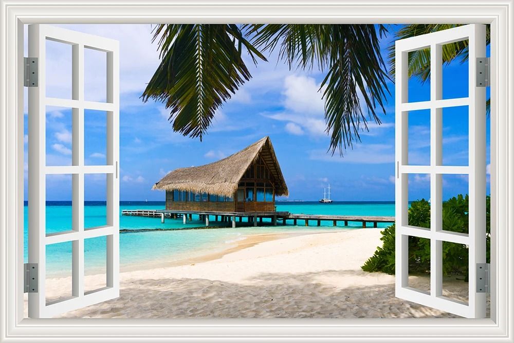 3D Blue Beach Window View Wall Sticker | Tropical Sea Landscape Decal | Self-Adhesive Nature Wallpaper