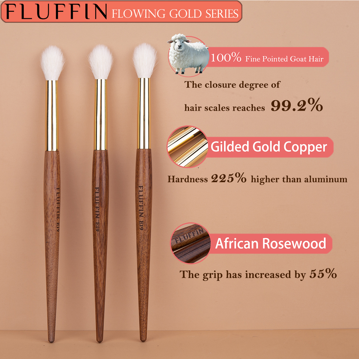 High-End FLUFFIN Crease Brush Goat Hair Flame Eyeshadow Nose Shadow Highlighter Brush Copper Rosewood Makeup Brush
