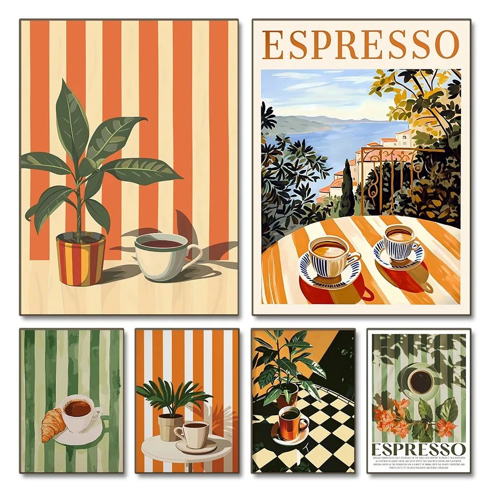 Retro Coffee Stripe Canvas Poster – Minimalist Kitchen Wall Art for Cafe & Coffee Lover Decor