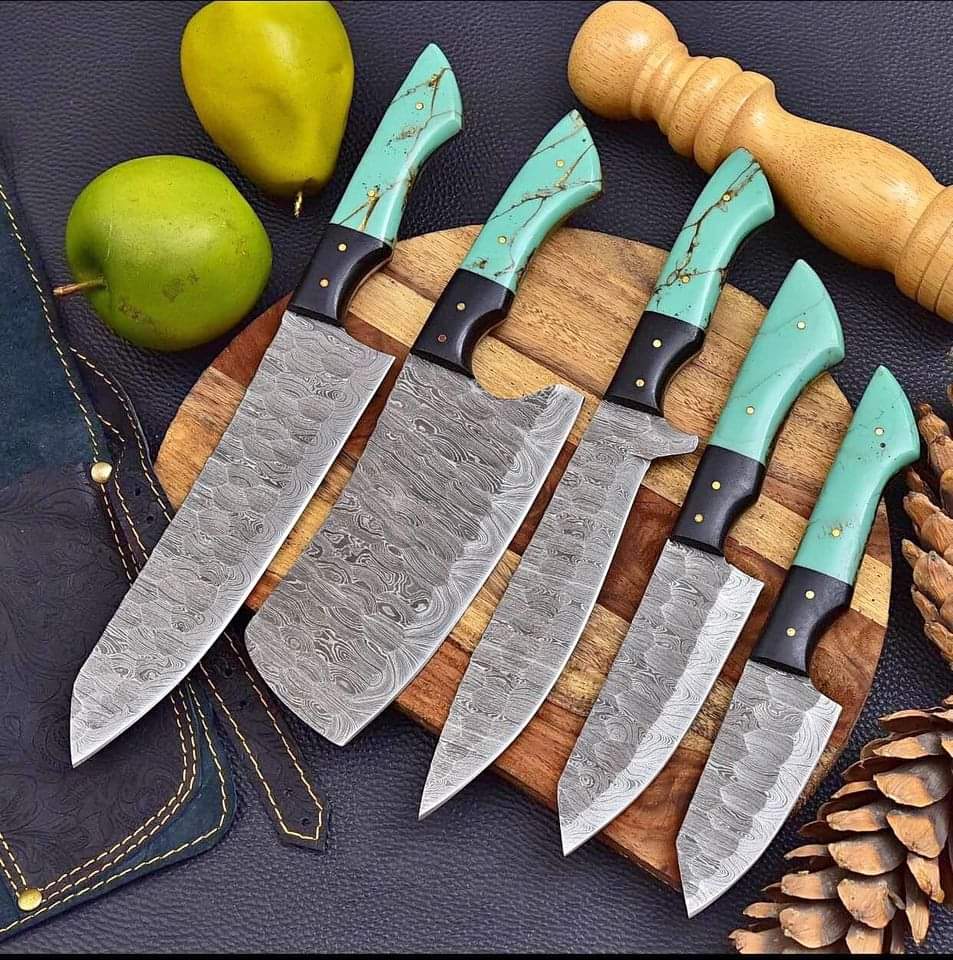 Carbon steel Chef Set Of 5 Pieces ,Custom Handmade Chef Set , Handmade Damascus Chef Set ,Personalized Gift For Mother ,