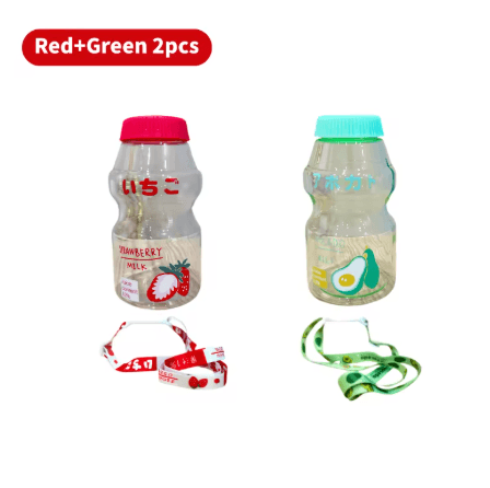 480ml Kawaii Milk Carton Water Bottle Cute Plastic Drinking Bottle with Cup and Strap