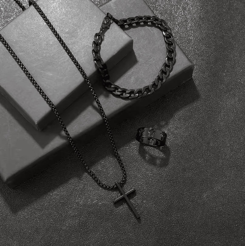 Mens 3-Piece mens jewelry set Alloy Cross Pendant Necklace, Bracelet and Ring Combo