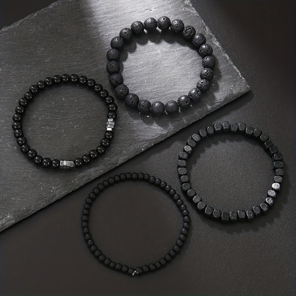 Wood Lava Rock Beads Elastic Bracelet Set For Men Women Black Volcanic Stone Couple Friends Punk Jewelry Gift