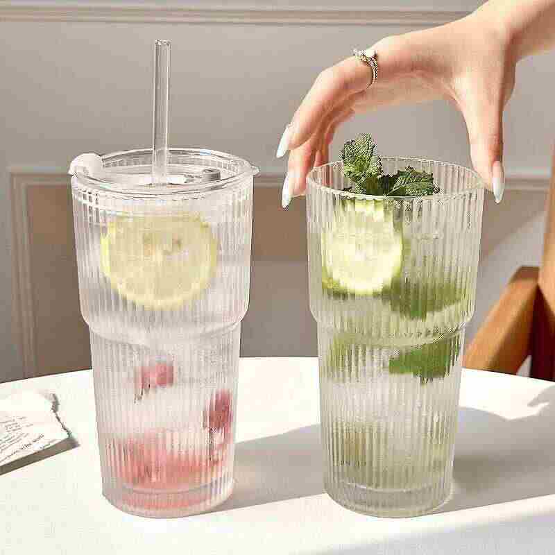 Large Capacity Transparent Glass Coffee Cup with Lid and Straw Reusable Juice & Iced Coffee Tumbler