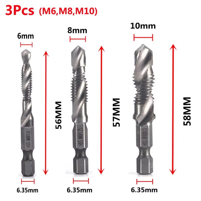 Titanium Plated HSS Hex Shank Screw Tap Drill Bits – Metric M3–M10