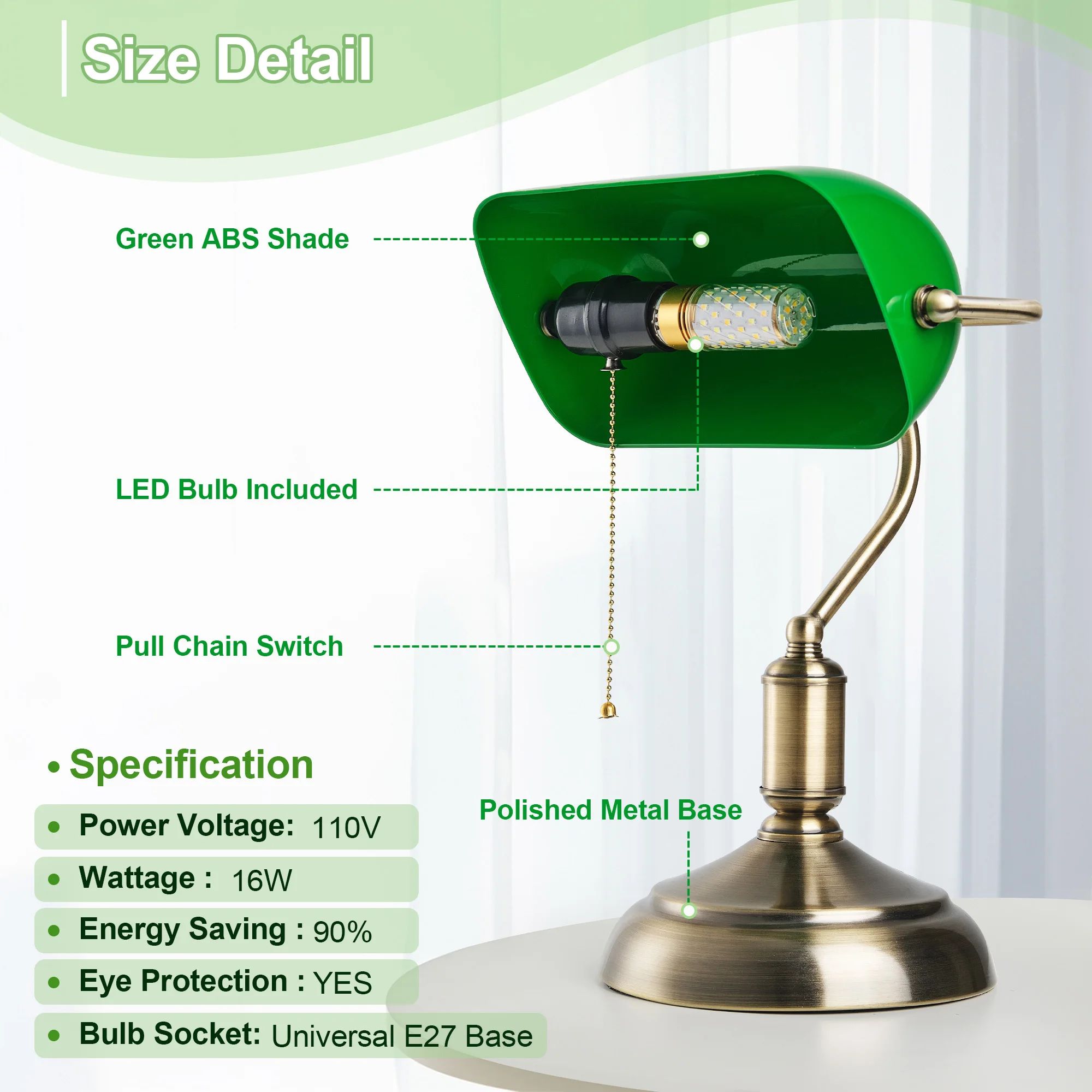 Classic Green Bankers Desk Lamp, LED Reading Table Light with Acrylic Shade, Vintage Study Lamp for Home Office Decor