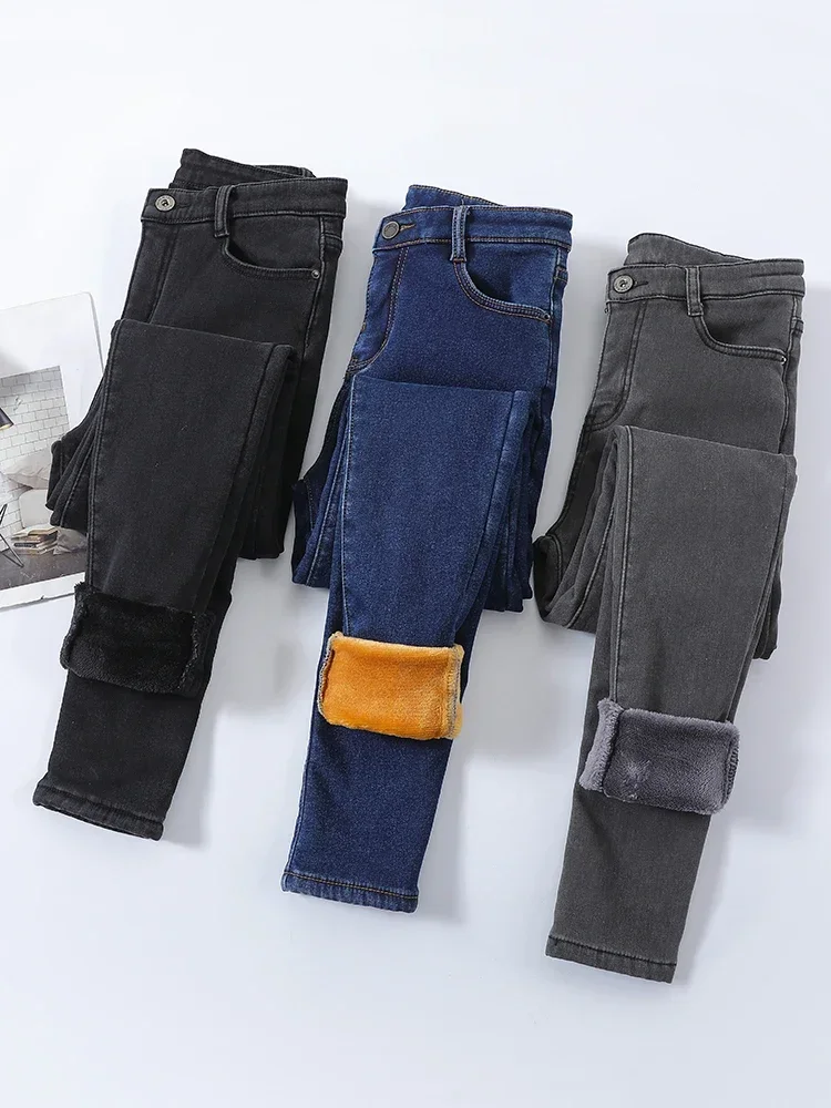 Slim Womens Warm Fleece Jeans, High Waist Stretch Pants, Winter Thicken Velvet Skinny Leggings, Fashion Pencil Style