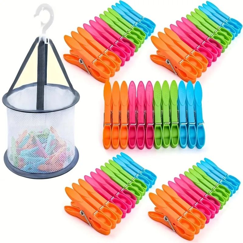 Windproof Hanging Laundry Clips with Storage Basket Organizer