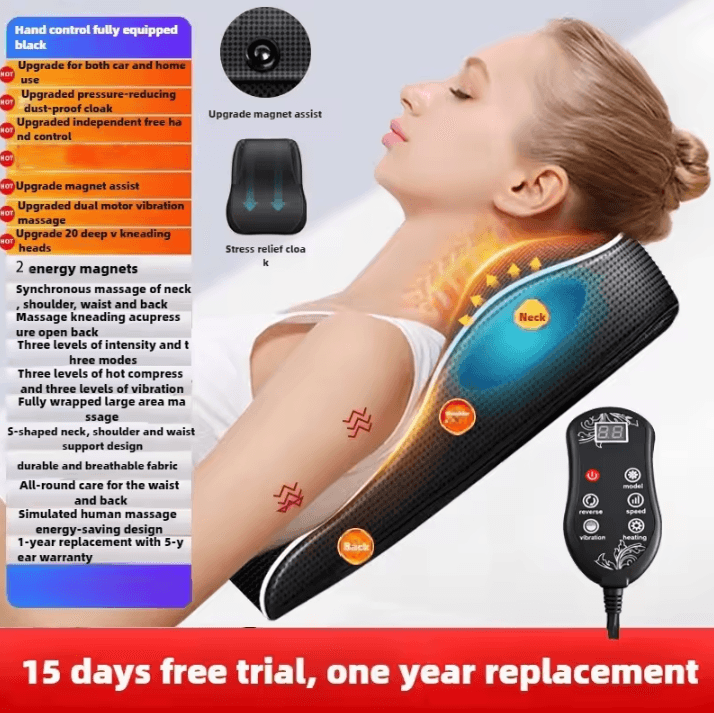 Electric Shiatsu Head, Neck and Cervical Traction Body Massager – Heated Vibration Car and Home Back Pillow