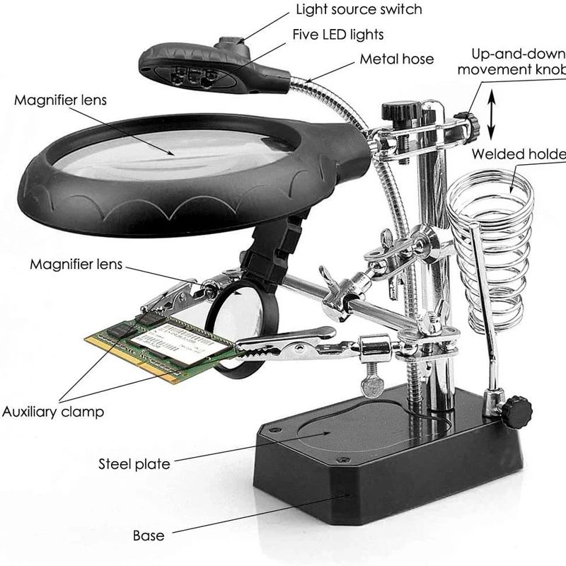 LED Light Magnifying Glass Soldering Stand with Adjustable Clips