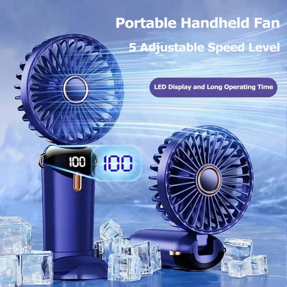 Portable Handheld Mini Fan Speed USB Rechargeable, Foldable Desk & Neck Hanging Fan with Phone Stand Display