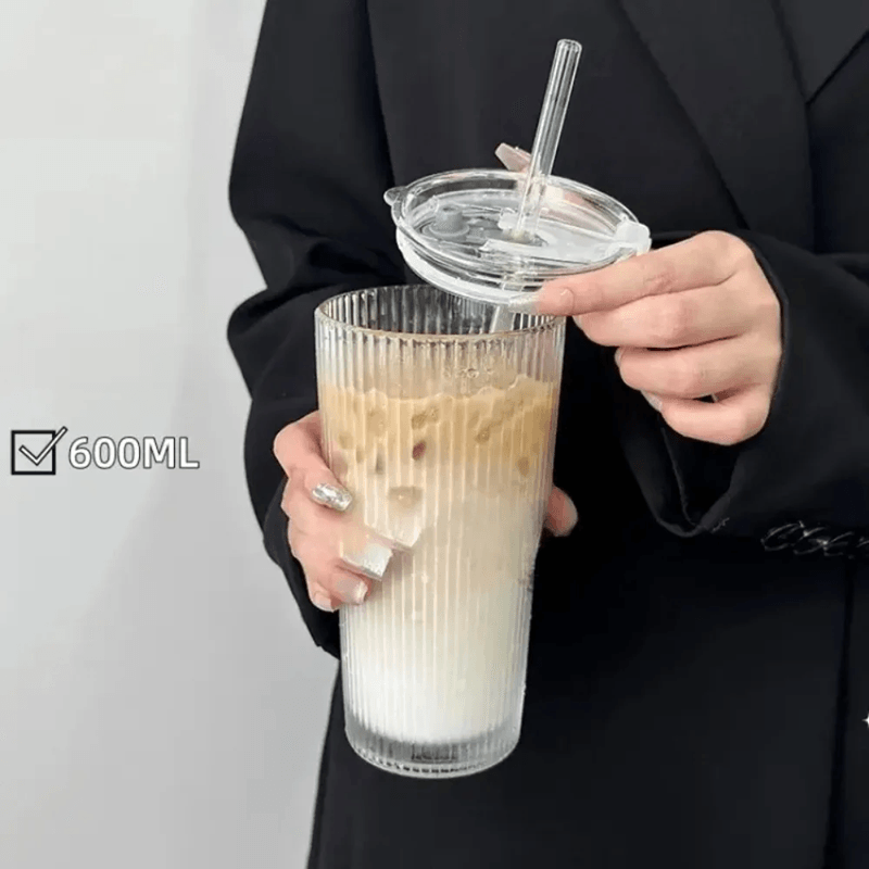 600ml Iced Coffee Glass with Lid and Straw for Juice Water and Cold Drinks