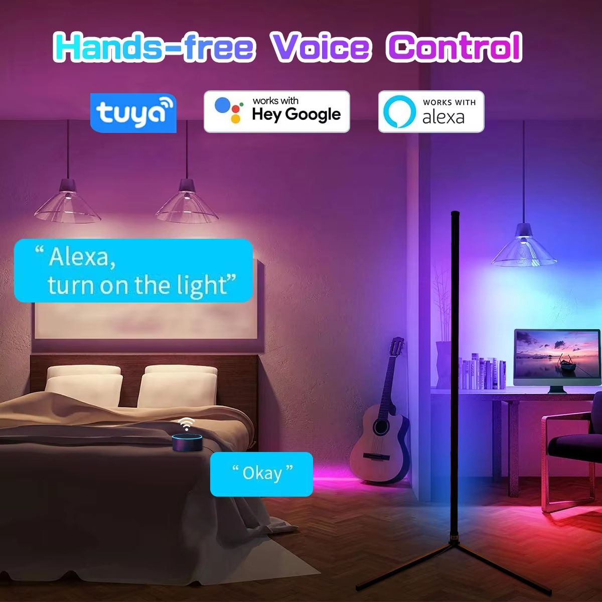 Smart Corner RGB Floor Lamp with Tuya and Alexa | 160cm Dimmable Mood Lighting