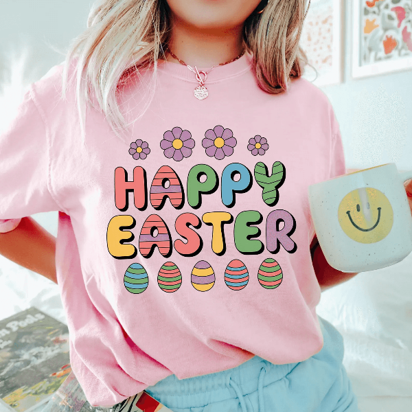 Easter Vibes Bunny Eggs Shirt – Pastel Floral Spring Graphic Tee Cute Easter Outfit for Women