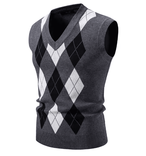 Mens Argyle Knit Vest V Neck Sleeveless Slim Fit Pullover Sweater
