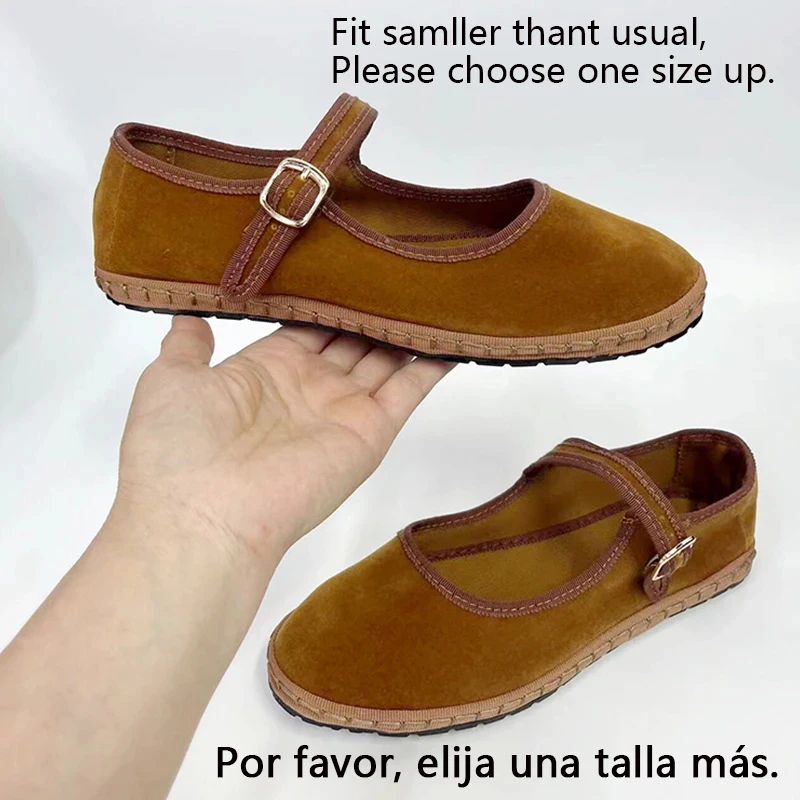 Women Velvet Mary Jane Shoes Hand Stitch Solid Red Flats, Casual Streetwear Cloth Ballet Pumps Loafers