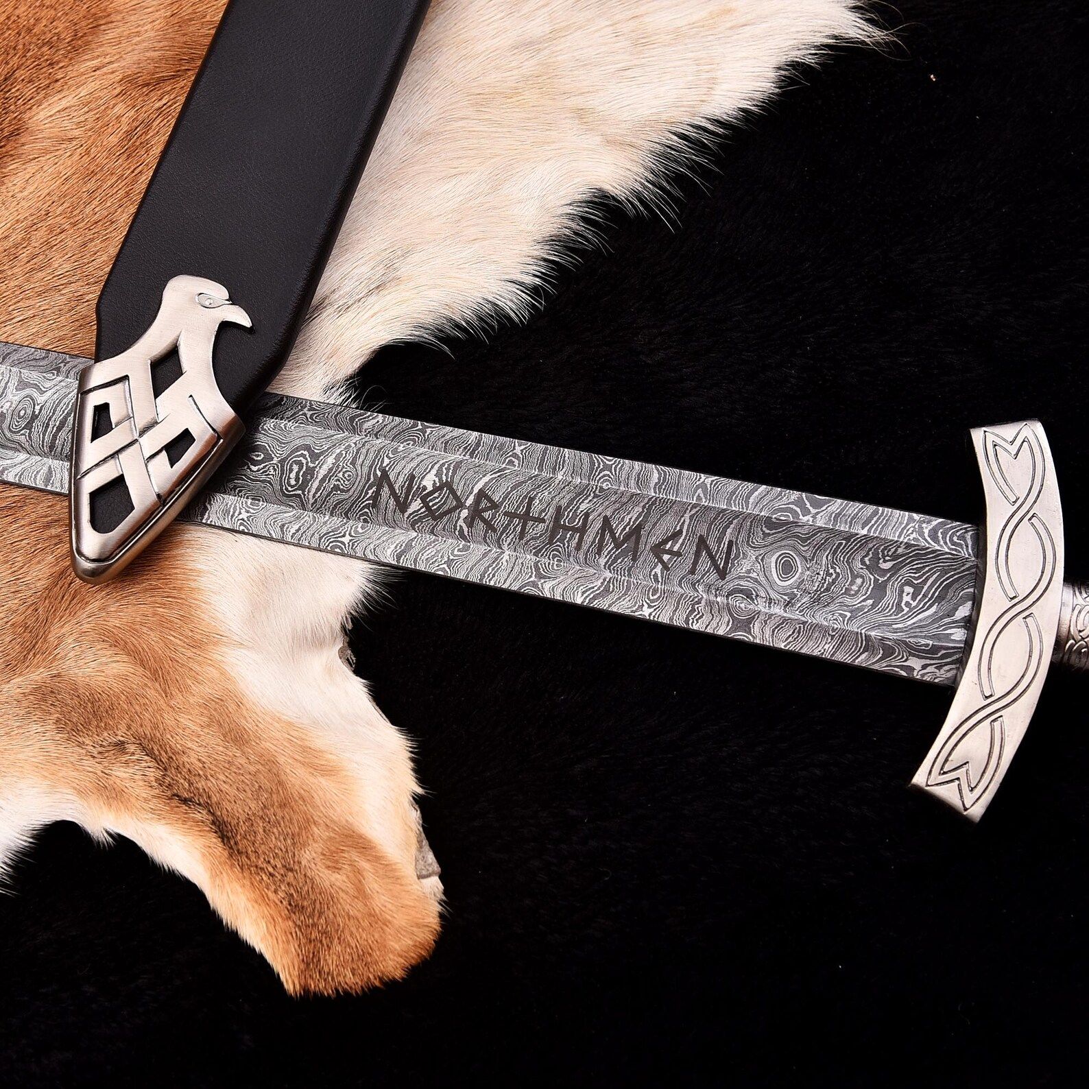 38 Inch Rune-Engraved Norse Longsword | Hand-Forged Damascus Collector Blade | Medieval Collector Longsword
