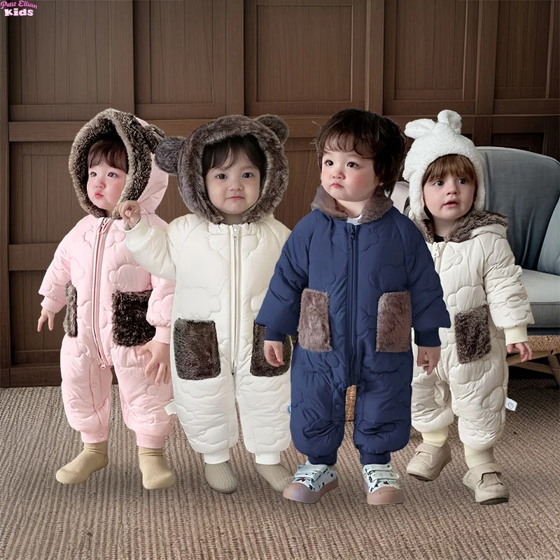 New Style Newborn Baby Boys Girls Fleece Lined Warm Jumpsuit, Hooded Bear Ear Winter Romper Snowsuit Infant Outerwear