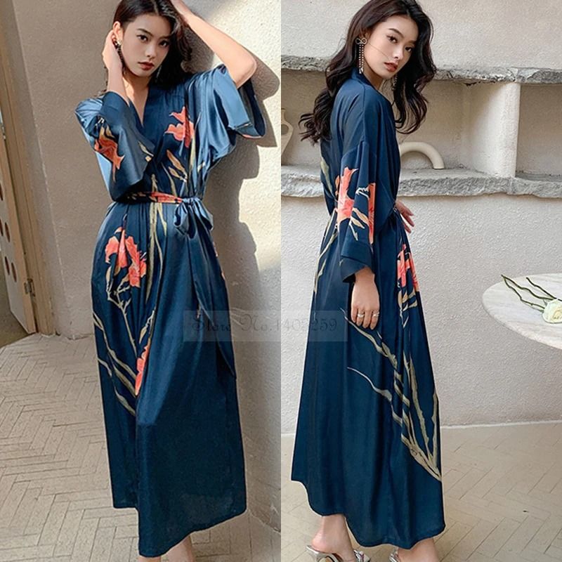 New Spring Summer Female Long Robe Set – Sexy Flower Print Kimono & Silk Satin Casual Lounge Wear