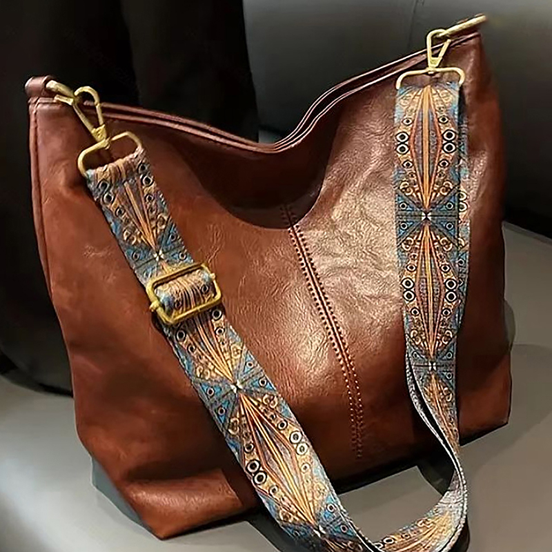 Retro Wide Strap Crossbody Bag Large Capacity PU Leather Shoulder Tote for Women