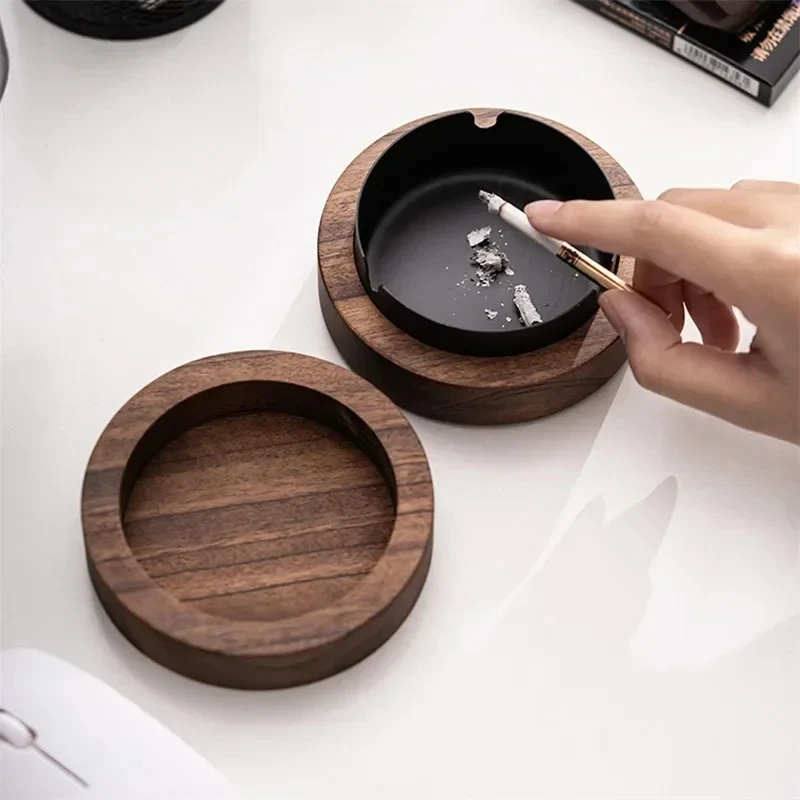 Windproof Walnut Wood Ashtray with Lid and Stainless Steel Liner for Home and Outdoor Use