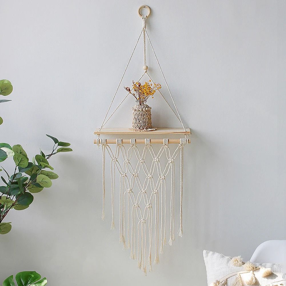 Boho Macrame Wall Hanging Floating Wood Shelf