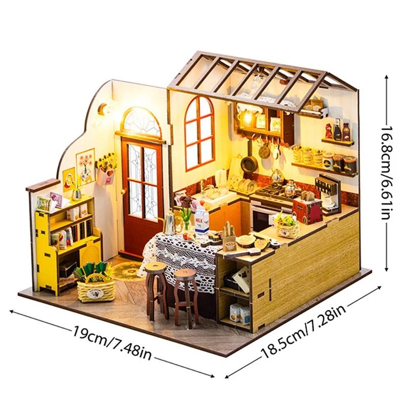 DIY Wooden Mini Seaside Villa Dollhouse Kit with Furniture and LED Lights