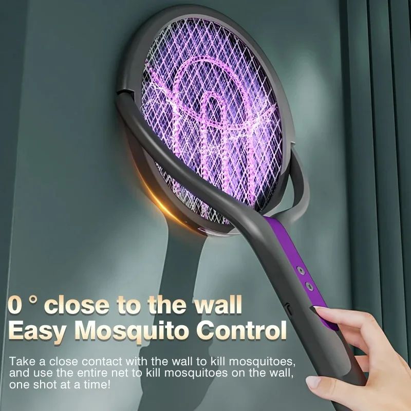 2800V Electric Mosquito Swatter Rechargeable Mosquito Racket with Extension Handle 5-Layer Safety Protection