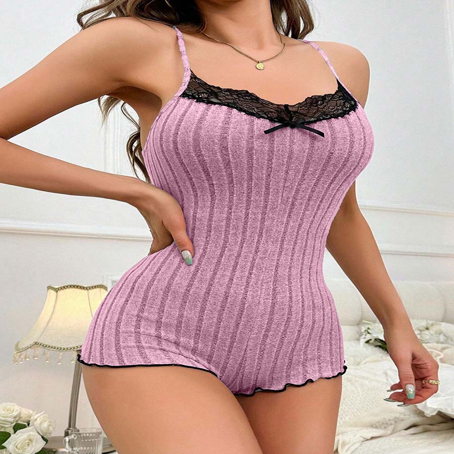Sexy Women's Suspenders Pajamas Set with Lace Trim and Bow Design, Sleeveless V-Neck Summer Sleepwear