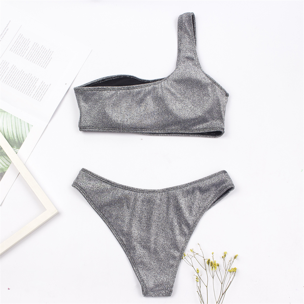 One Shoulder Women Sexy Bikini Set, Biquini Ladies Blingbling Swimsuit, Two Piece Glitter Swimwear, Solid Color Bathing